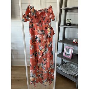 LoveTree flutter sleeve high/low maxi dress Womens S Coral Floral Cottagecore‎